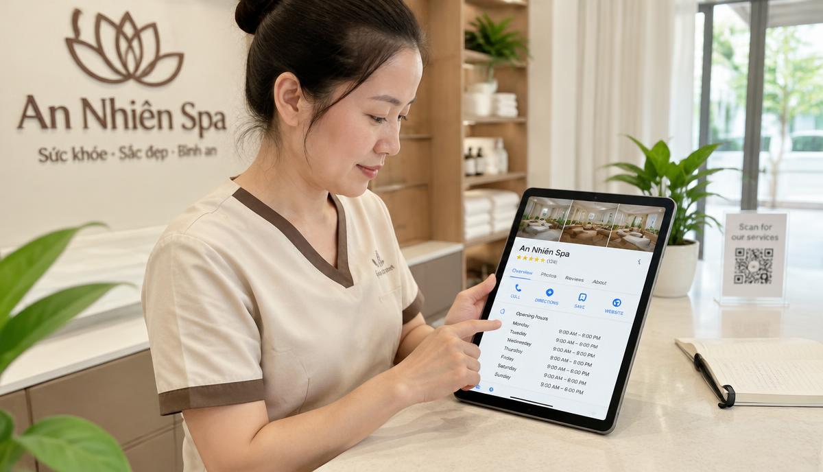 Chủ spa cập nhật ảnh và giờ mở cửa hồ sơ Google Maps trên máy tính bảng