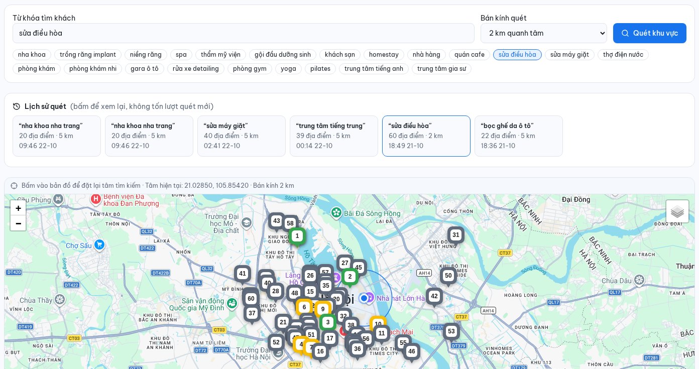 Local Finder quét 60 địa điểm sửa điều hòa trong bán kính 2 km tại Hà Nội, đánh số thứ hạng Google Maps thực tế trên bản đồ và lưu lịch sử quét