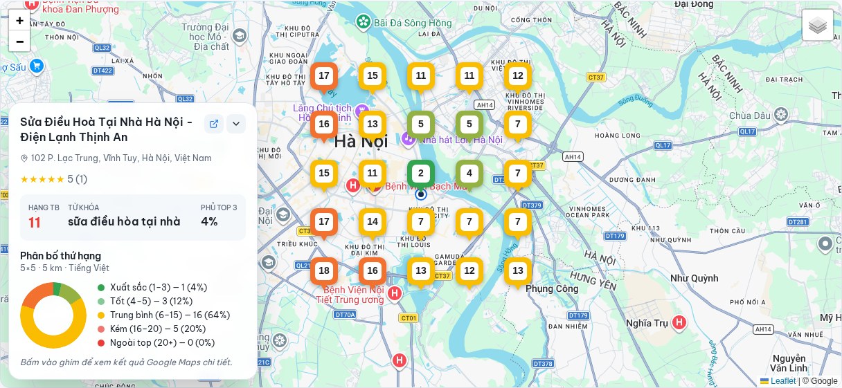 Bản đồ nhiệt Geo-Grid thực tế của Điện Lạnh Thịnh An tại Hà Nội với lưới 5×5